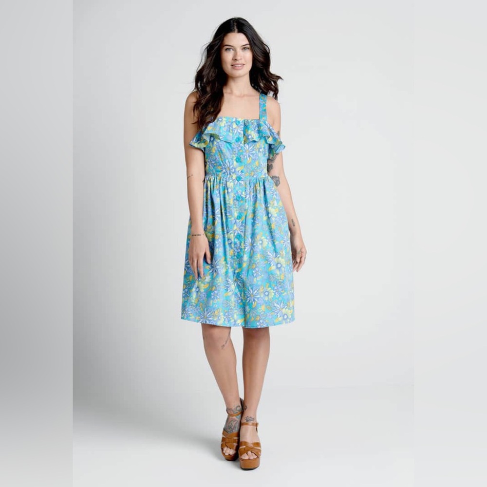 ModCloth Beckoning The Berkshires Blue Floral Fit And flare Ruffle Sundress